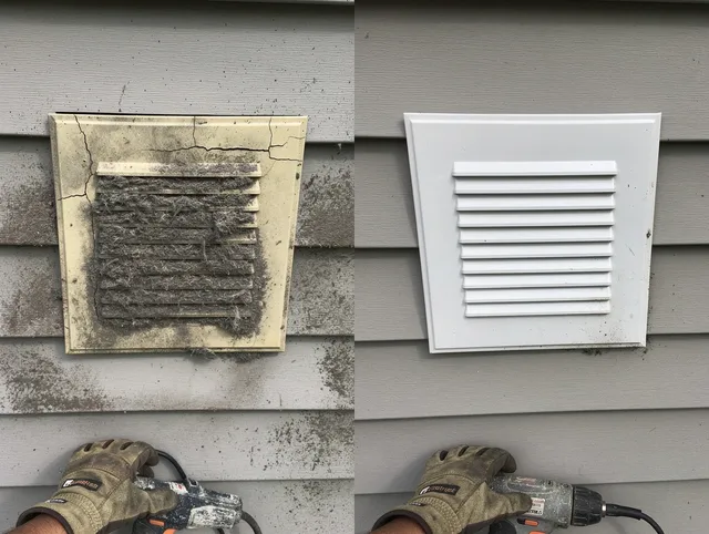 Ashland Dryer Vent Cleaning technician installing high-quality dryer vent cover at a residential property in Ashland
